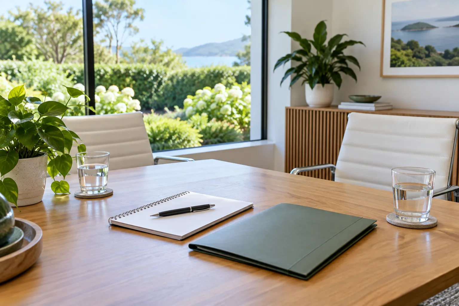 Two empty chairs at a meeting table with a notebook and document folder