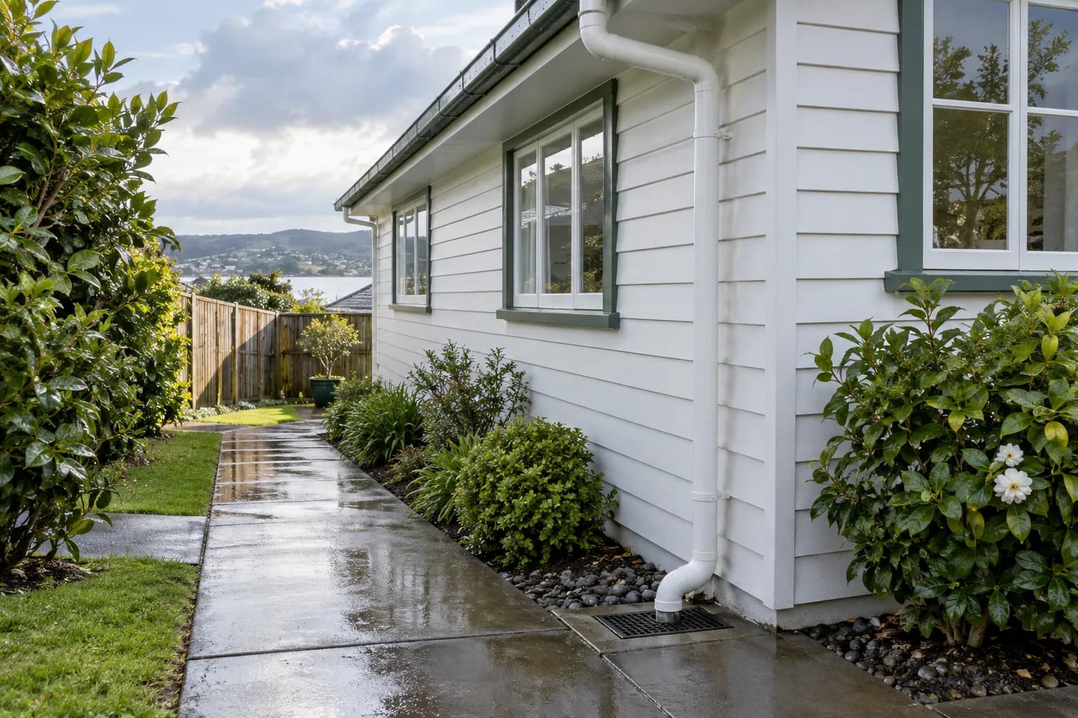 Illustrative weatherboard home with a downpipe, grated drain and wet path after rain